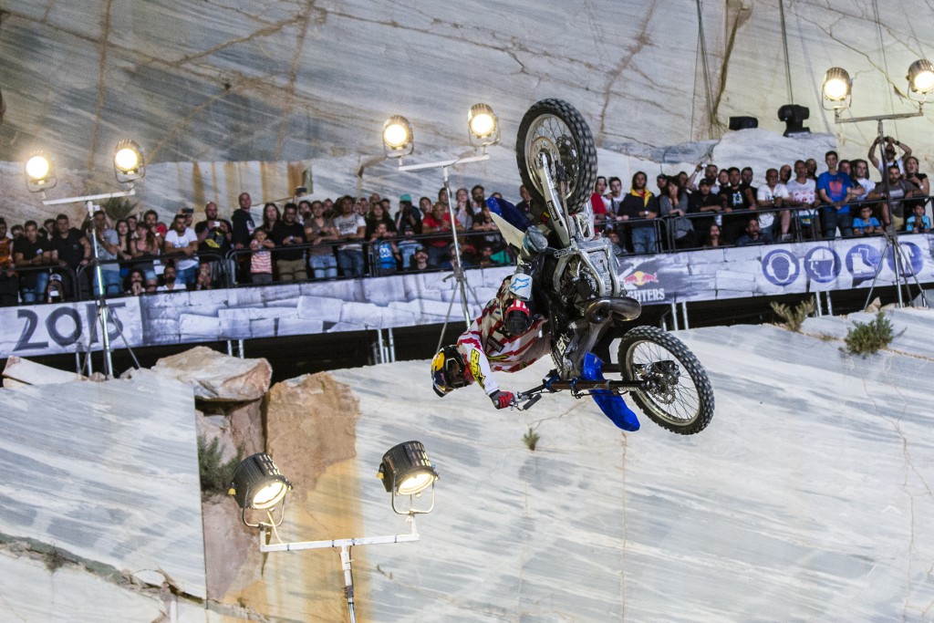 Thomas Pages of France performs during the finals of the second stop of the Red Bull X-Fighters World Tour at the Dionyssos Marble Quarry in Athens, Greece on June 12, 2015.