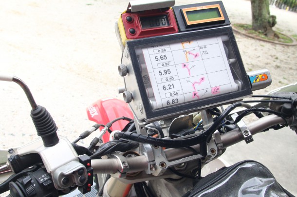 小栗氏のラリーマシンCRF250Xのハンドル周り。世界的に有名なMD製マップケースを装備する