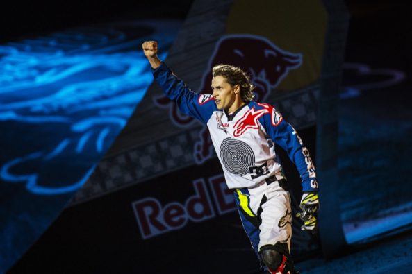 Tom Pages of France celebrates at the Plaza de Toros de Las Ventas during the finalsof the Red Bull X-Fighters in Madrid, Spain on June 24, 2016. // Joerg Mitter / Red Bull Content Pool // P-20160625-00453 // Usage for editorial use only // Please go to www.redbullcontentpool.com for further information. //